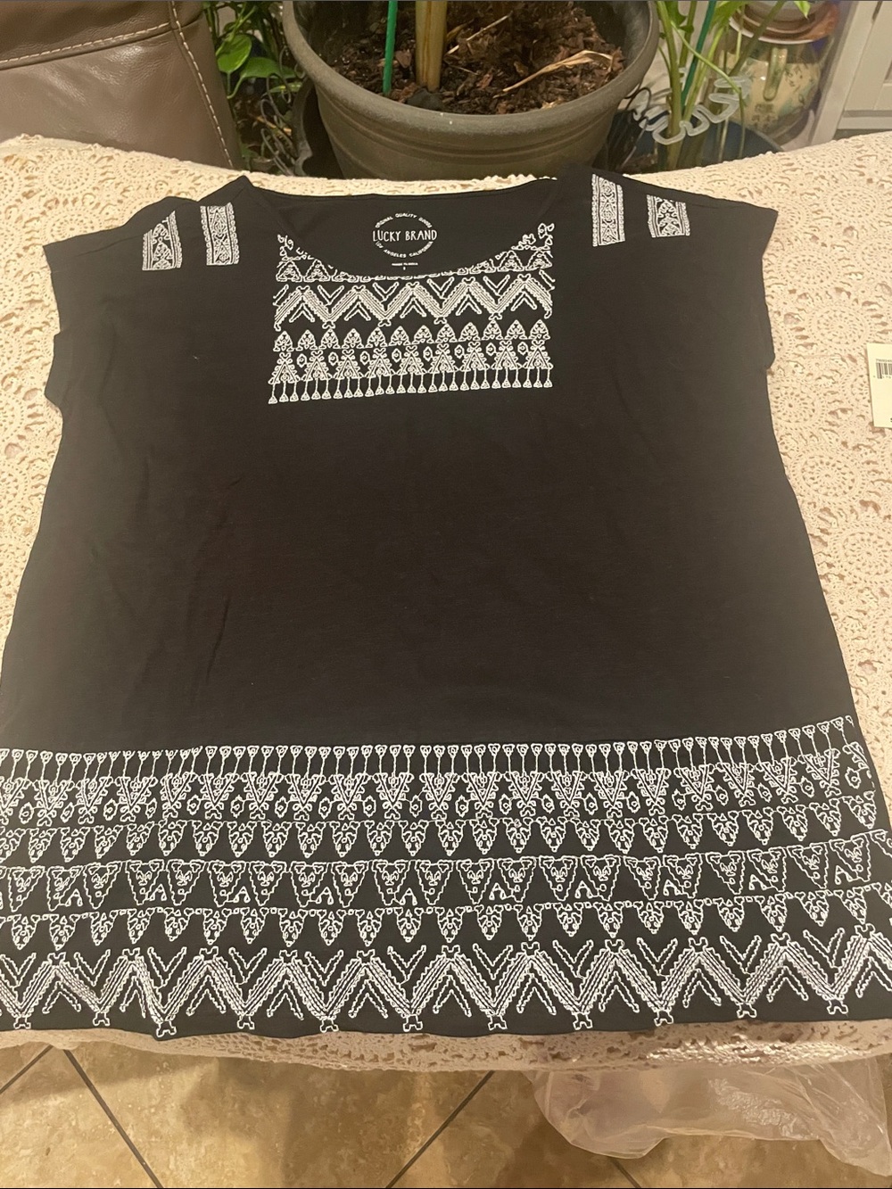 Lucky Brand Black Short Sleeve Top with White Embroidered Trim